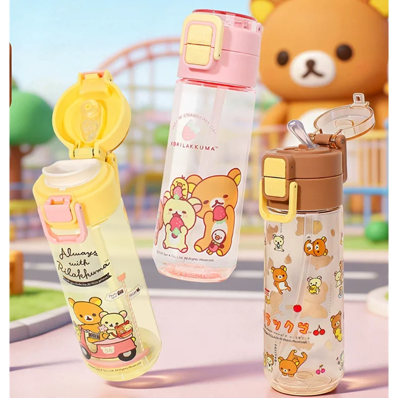 Rilakkuma Water Bottle Portable Dual Drink Straw Cup Leakproof Cute Drinking Mug For Summer Outdoor Travel Cup