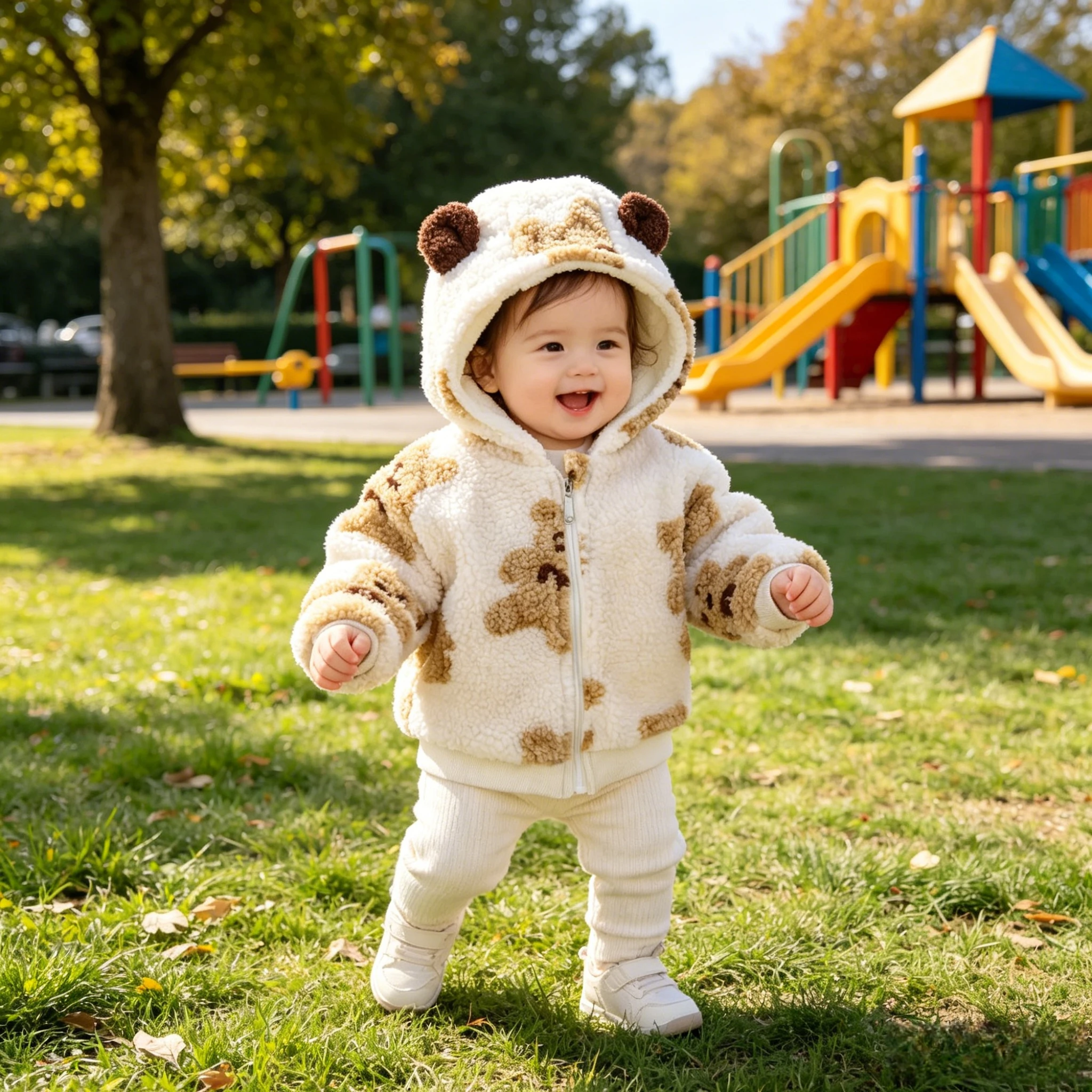 Toddler Kids Cartoon Bear Print Fleece Hooded Jacket Ear Decor Full Zip Sherpa Coat Warm Winter Outerwear for Boys Girls