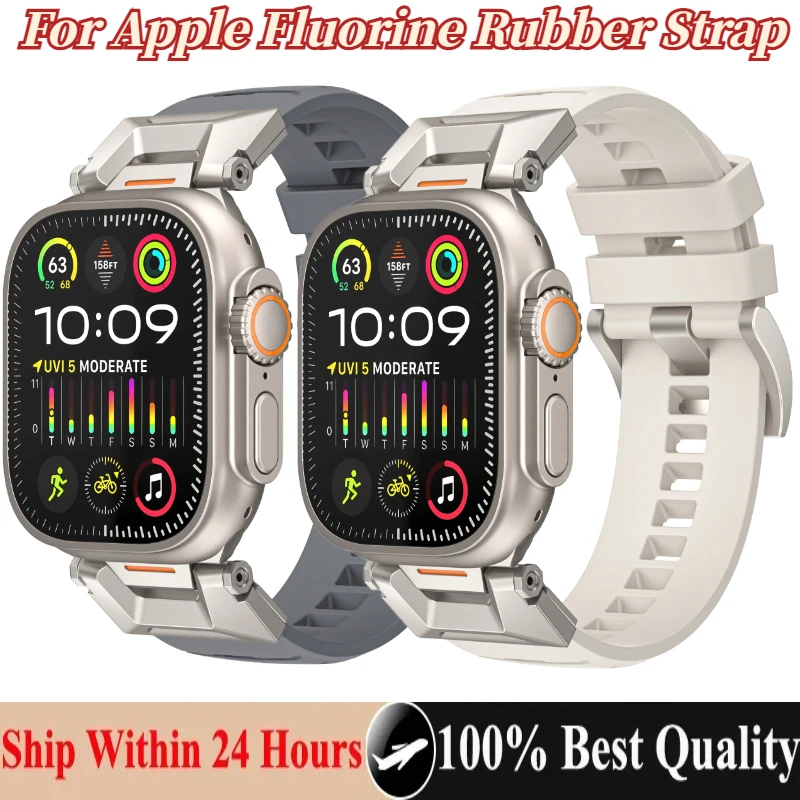 Apple Watch Band Ultra 2 용 불소 고무 스트랩 49mm 46mm 45mm 44mm 42mm 스테인레스 스틸 인터페이스 벨트 10 9 8 7 6 4 3 SE