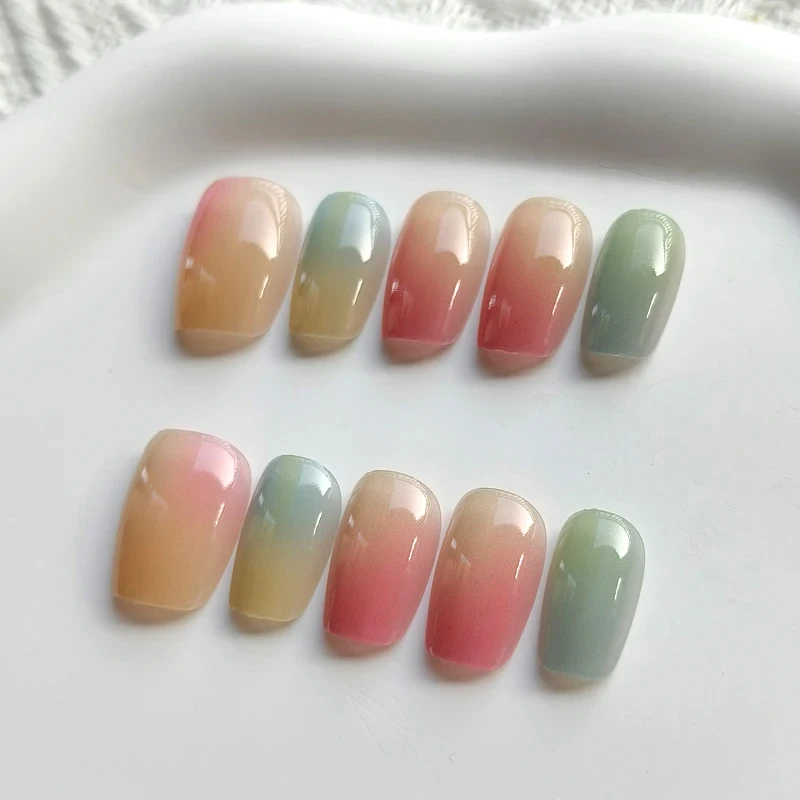 10pcs Short Candy Color Rainbow Gradient Cat\'s Eye False Nails Square Head Girl Lady Press on Nail Wearable Detachable Nail Tips