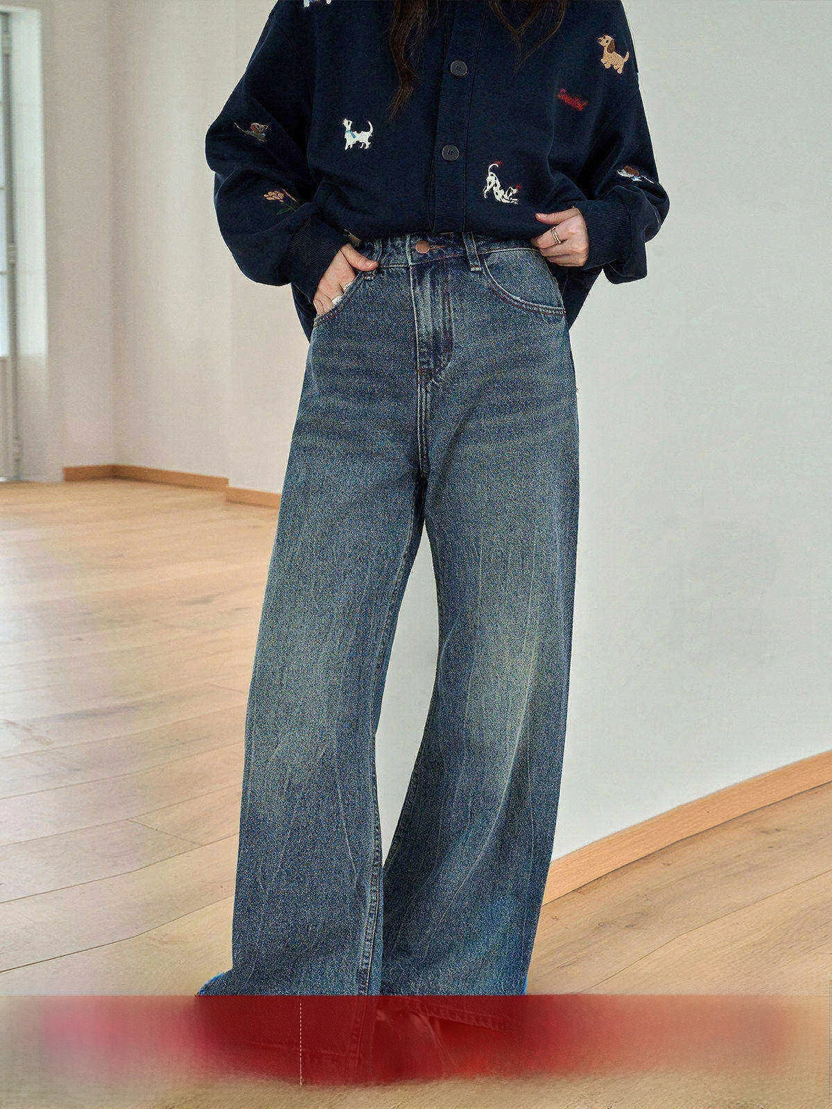 

Blue Vintage Distressed Loose Straight Leg Jeans Women's High Waist Slimming Wide Leg Pants Commute Style Cotton Blend