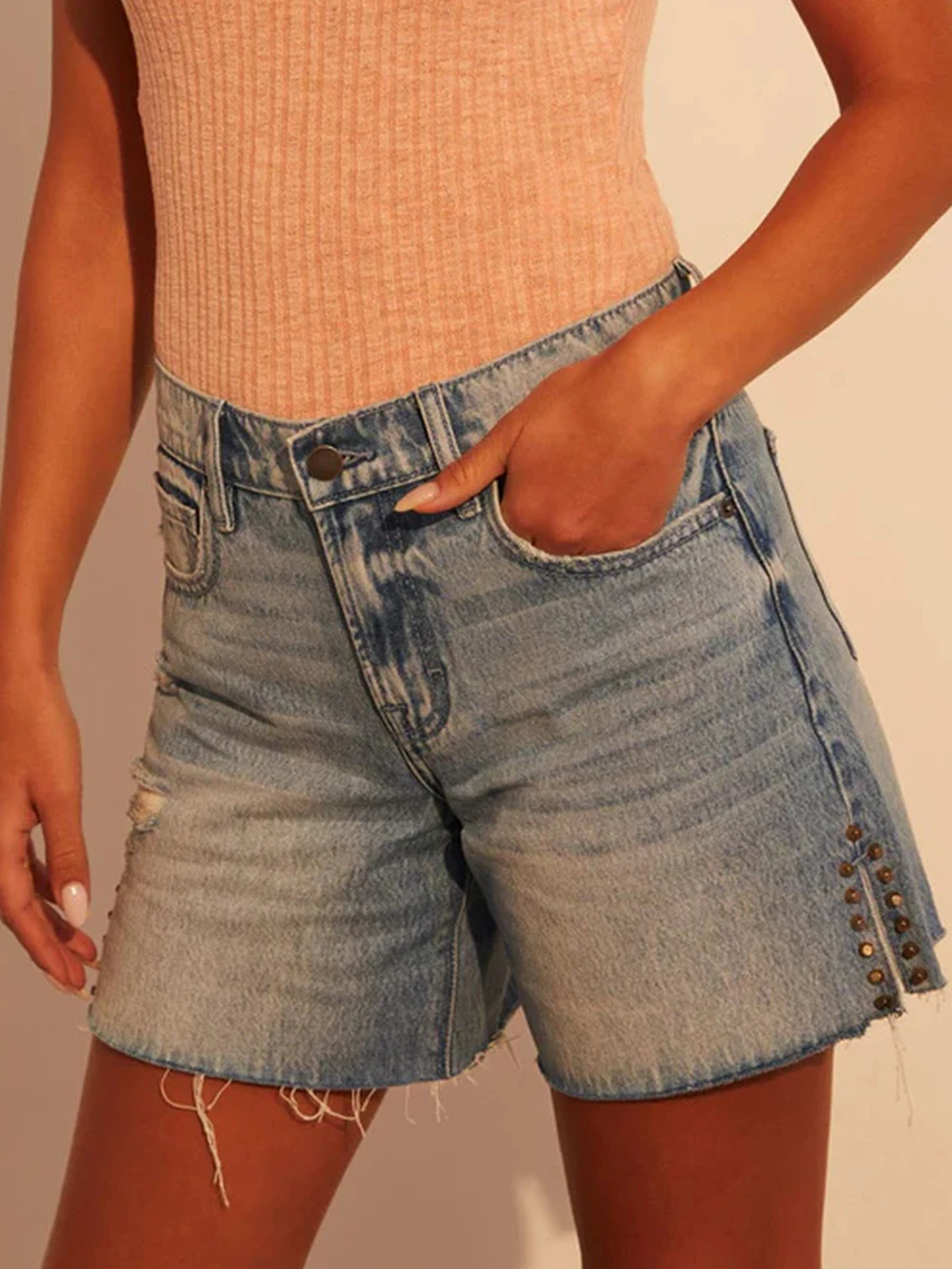 

New Fashion Womens Summer Denim Shorts Retro Distress High Waist Raw Hem Side Slit Straight Leg Jean Short Pants S-2XL