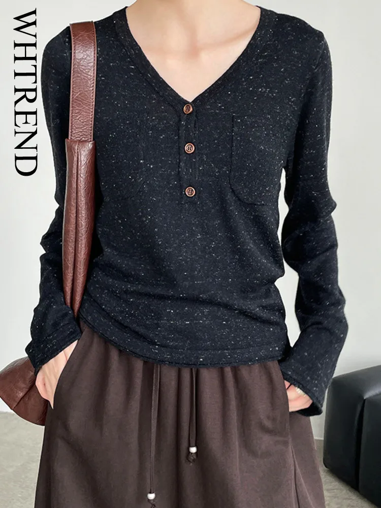 

WHTREND, цветные свитера в горошек во французском стиле для женщин, женские трикотажные свитера с карманами на пуговицах, женские осенние новые WH1395