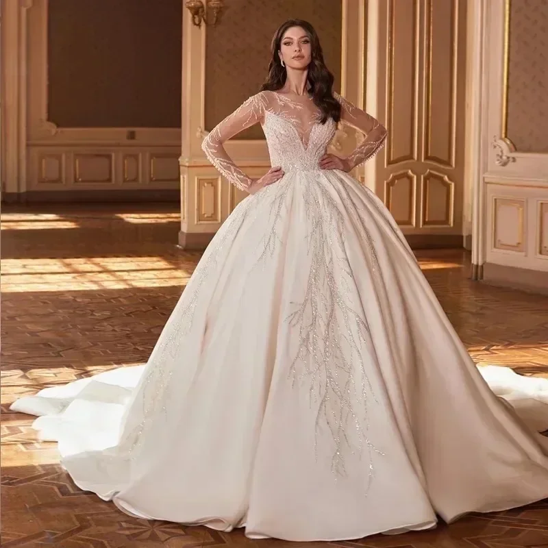 

Customized Beaded Long sleeves Princess Wedding Dresses Appliques Sheer Neck Lace Bridal Gown Ball Gown Vestido De Novia Boda