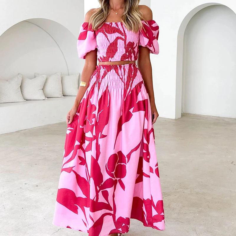 

Sexy Off Shoulder Short Sleeve Tops & Skirt Set Fashion Plant Floral Print Long Skirt Outfits Women Elegant Pleated Skirt Suits