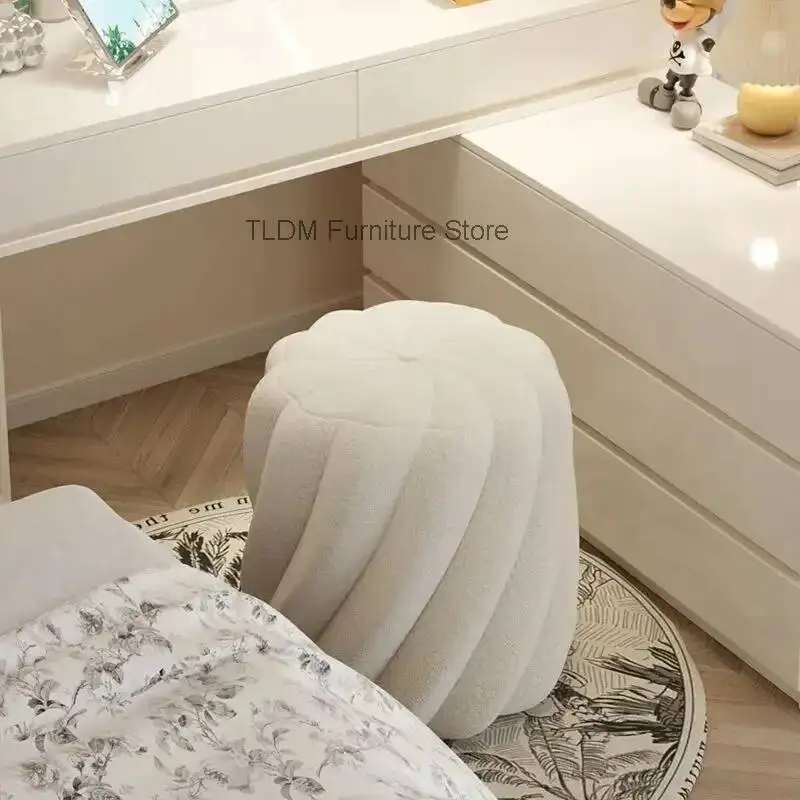 Lamb Wool Pleated Round Stool - Multi-Color Curvy Shape Shoe Changing Stool, Upholstered Stool for Home Bedroom & Living Room