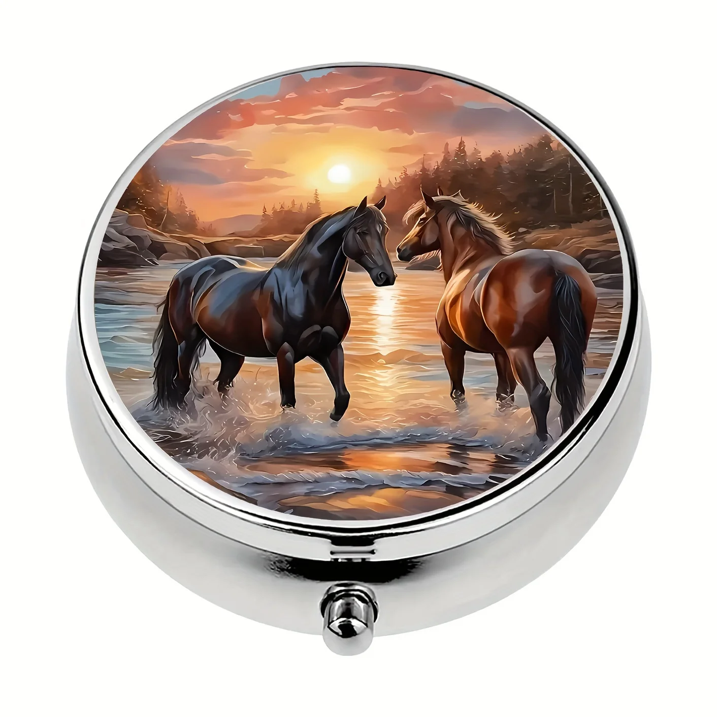 Horse And River Design 3-Compartment Mini Pill Box,Portable Travel Medicine Organizer For Pocket Or Purse,Metal Vitamin Case