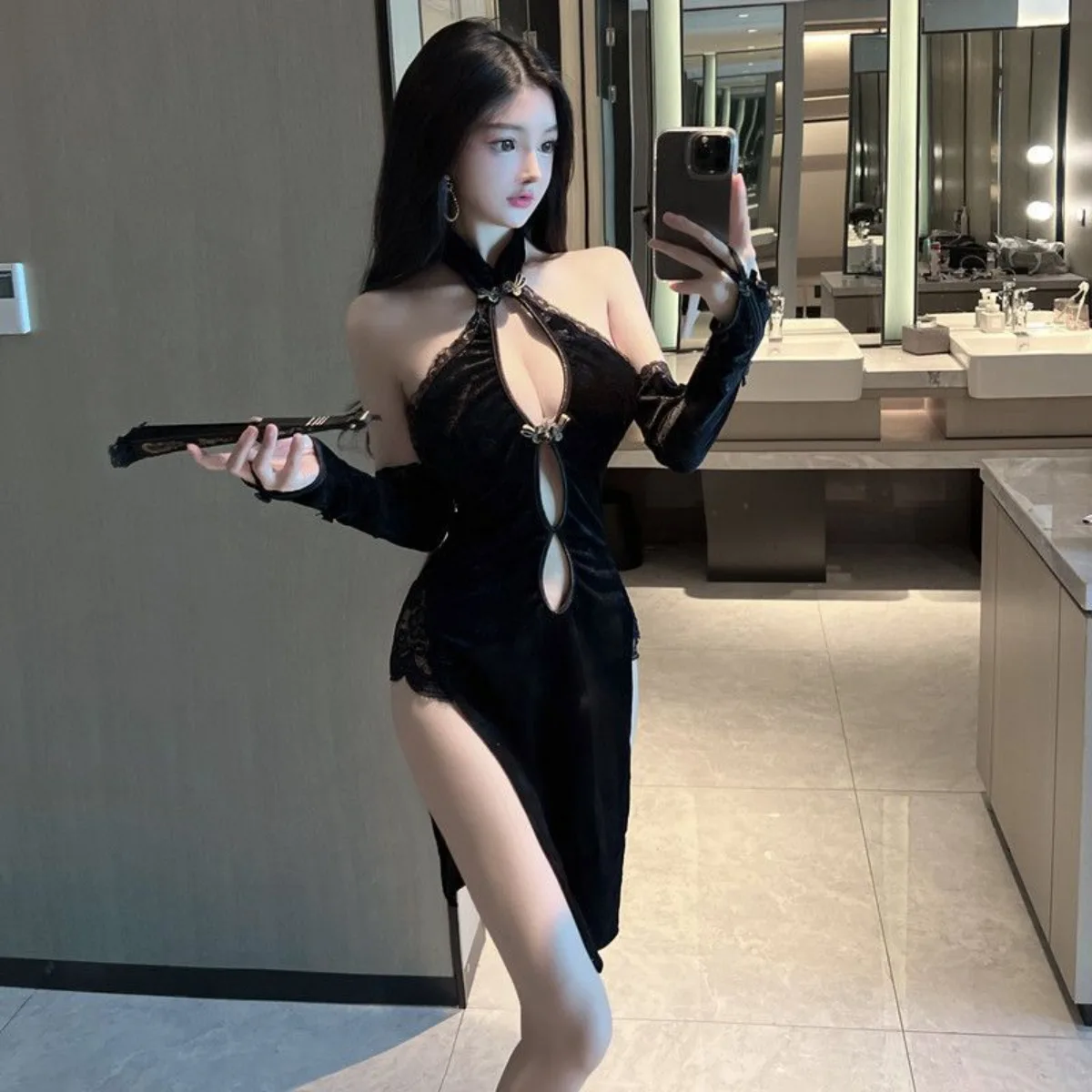 تشيباو على الطراز التايلاندي بظهر مجوف، فستان مخملي من الدانتيل برقبة رسن، ملابس نوم ضيقة ذات فتحة عالية، رسن شيونغسام صيفي #3