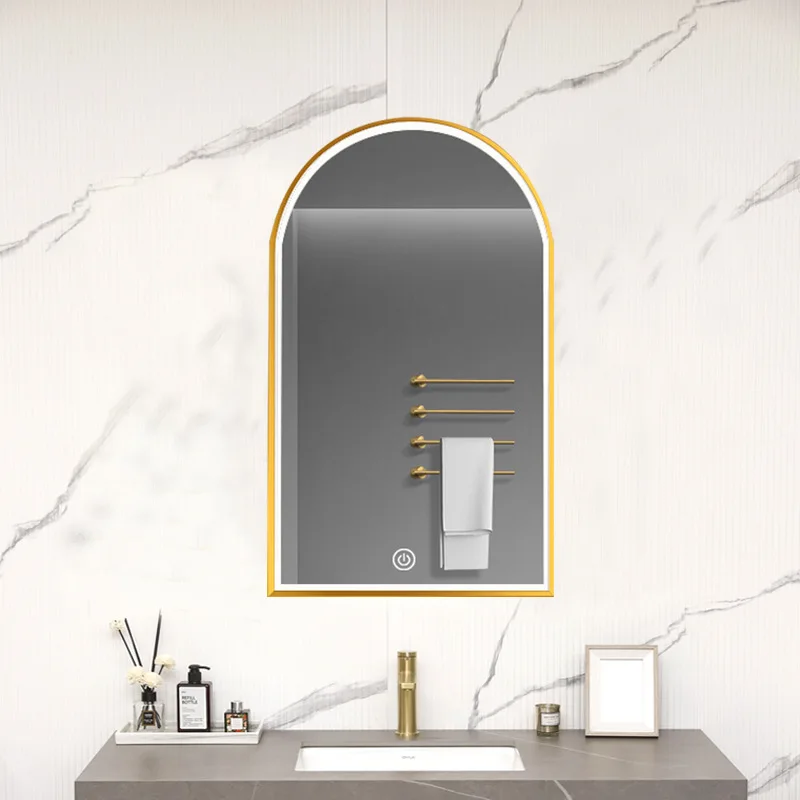 

800*500mm Gold Bathroom mirror Arch LED Smart Mirror Touch switch Defogging function white light HD glass Aluminum Golden Mirror