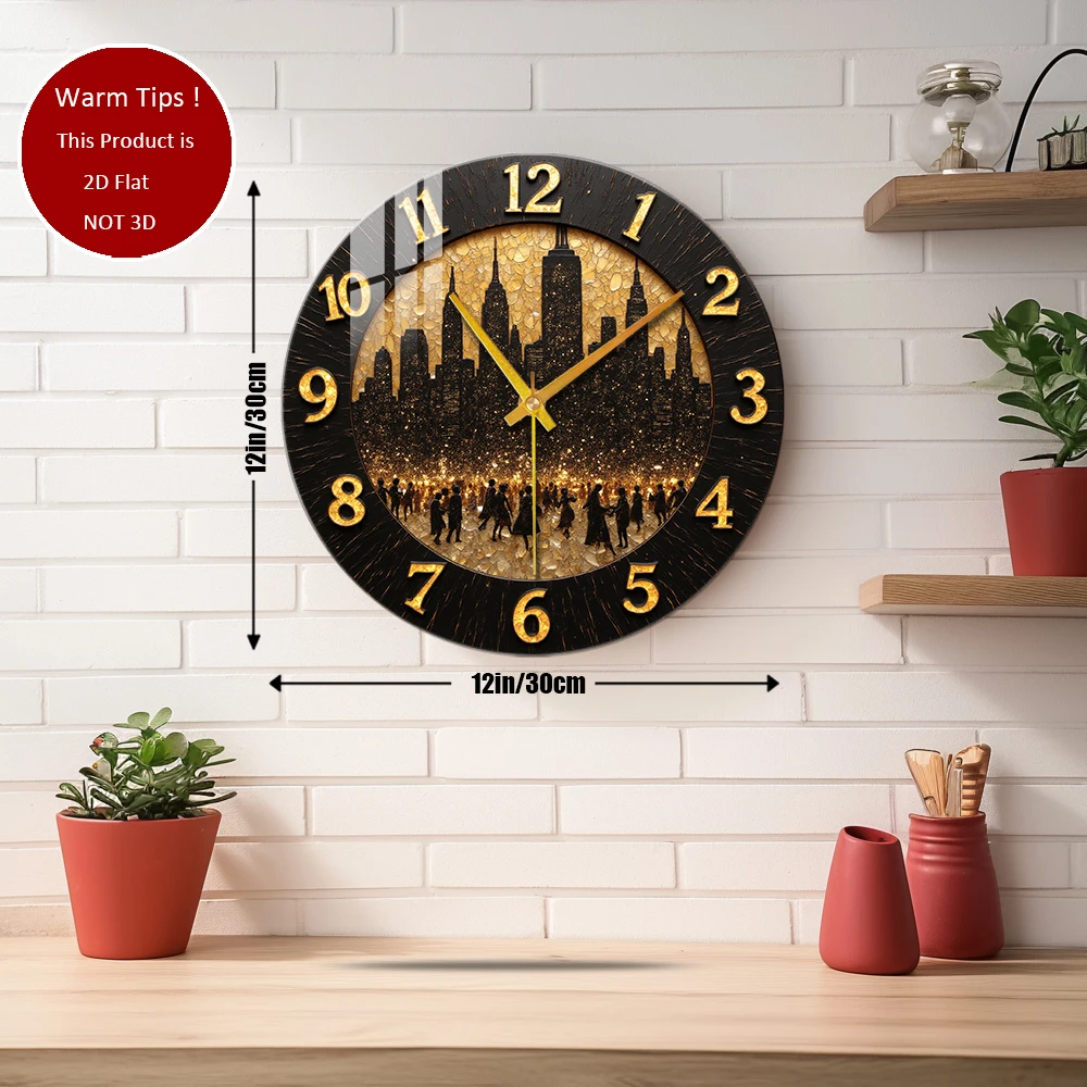Tempered Glass Wall Clock Cityscape Silhouette Crowd Night Gold Clock Suitable For Wall Decor or Tabletop Display Anywhere