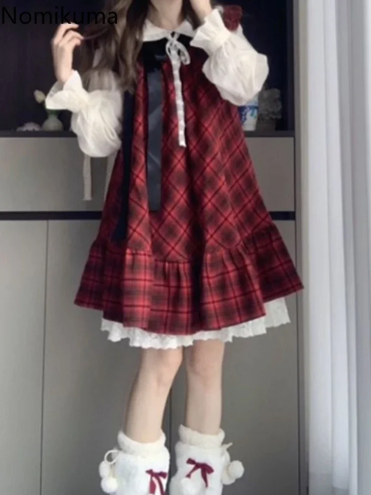 بدلة فستان حلوة يابانية مكونة من قطعتين 2024 ملابس نسائية بياقة بيتر بان وأكمام طويلة وقميص بفيونكة فضفاضة منقوشة ملابس #6