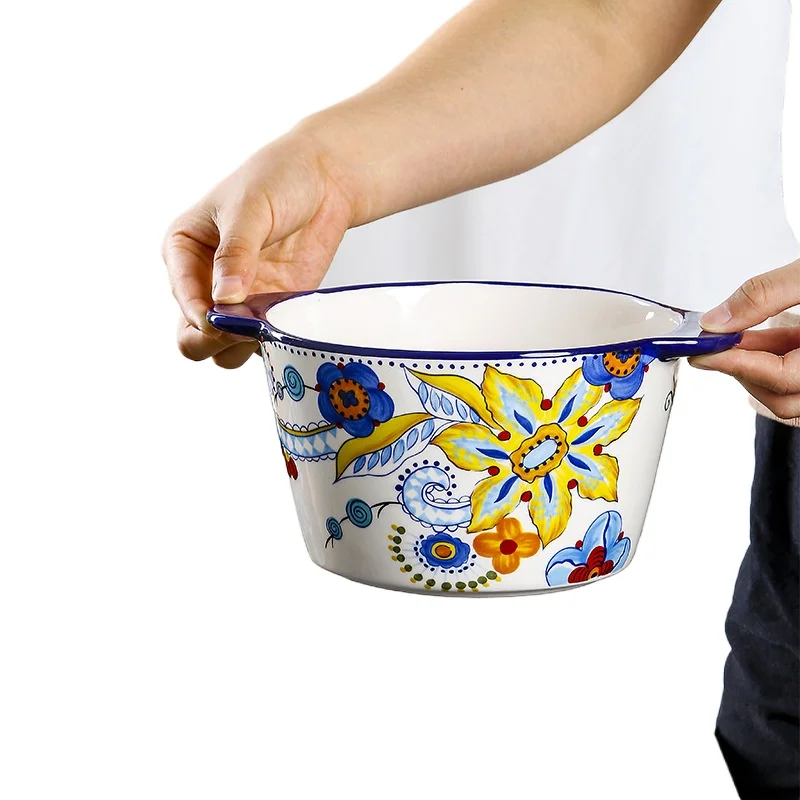 1.8L Ceramic Hand-Painted Double Handle Soup Bowl - Mother's Day Gift, Anti-Scalding Fruit Basin with Underglaze Design,