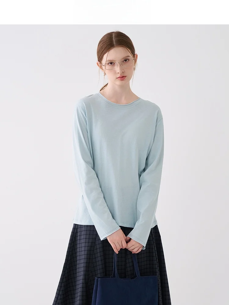 

Blue Loose Casual Long Sve T-irt Women's Basic Sle Spring 2026 New Loose Bot irt Jiujiu White Enhancing Cotton Sw...