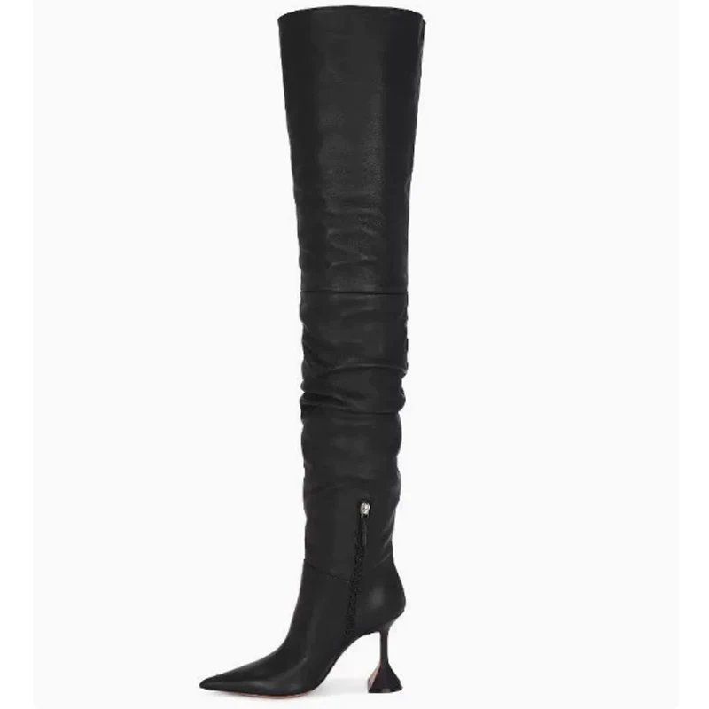 Black Pointed Toe Stiletto Wine Glass Heel Over The Knee Boots Woman Winter 2026 Side Zipper Shaped Heel Thigh High Boots
