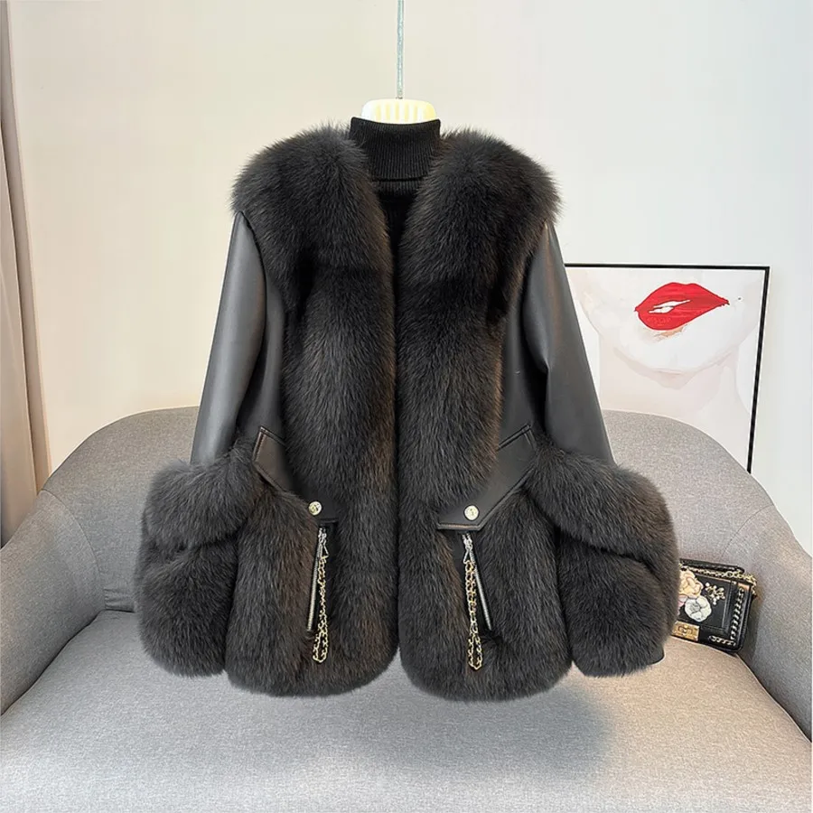 2023 New Fox Fur Fur Coat Women\'s Mid-Length Sheepskin Fur and Leather Overcoat White Goose Down