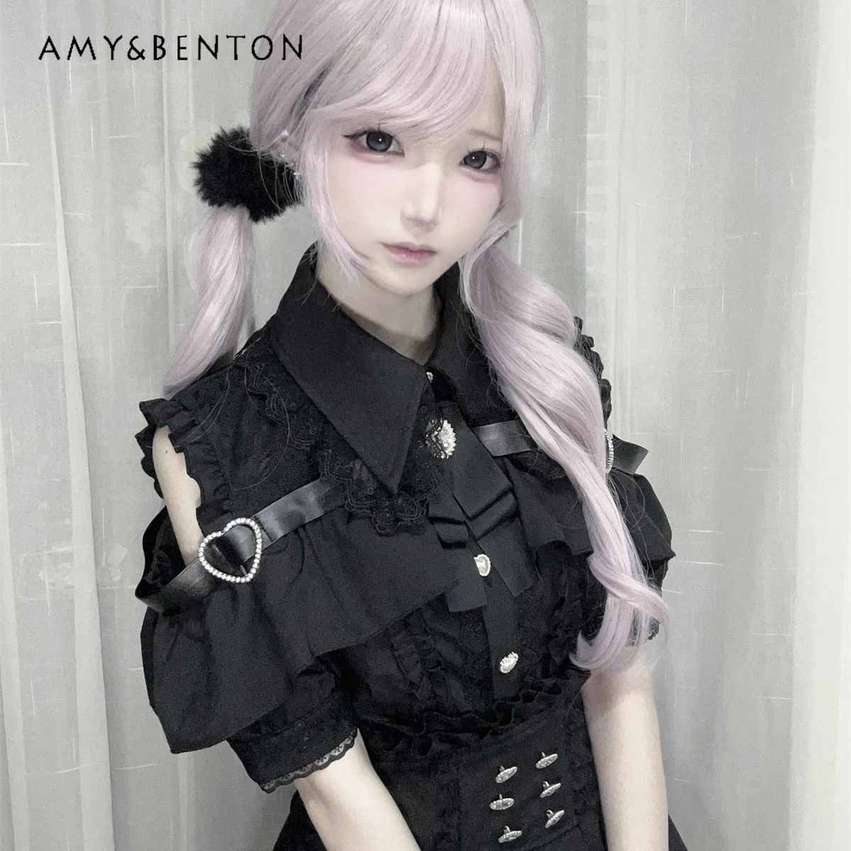 

Original Japanese Lolita Mine Series Mass-produced Outfit Cute Bow Lace Patchwork Off-Shoulder Short Sleeve Shirt Mini Skirt