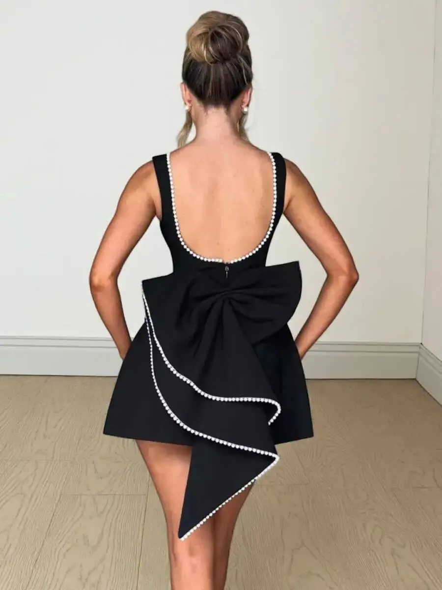 Elegante Perle Schleife rückenfrei sexy Minikleid Damen Luxus Party kurze Kleider weiß schwarz rosa Geburtstag Abend Hochzeit P4ZQ