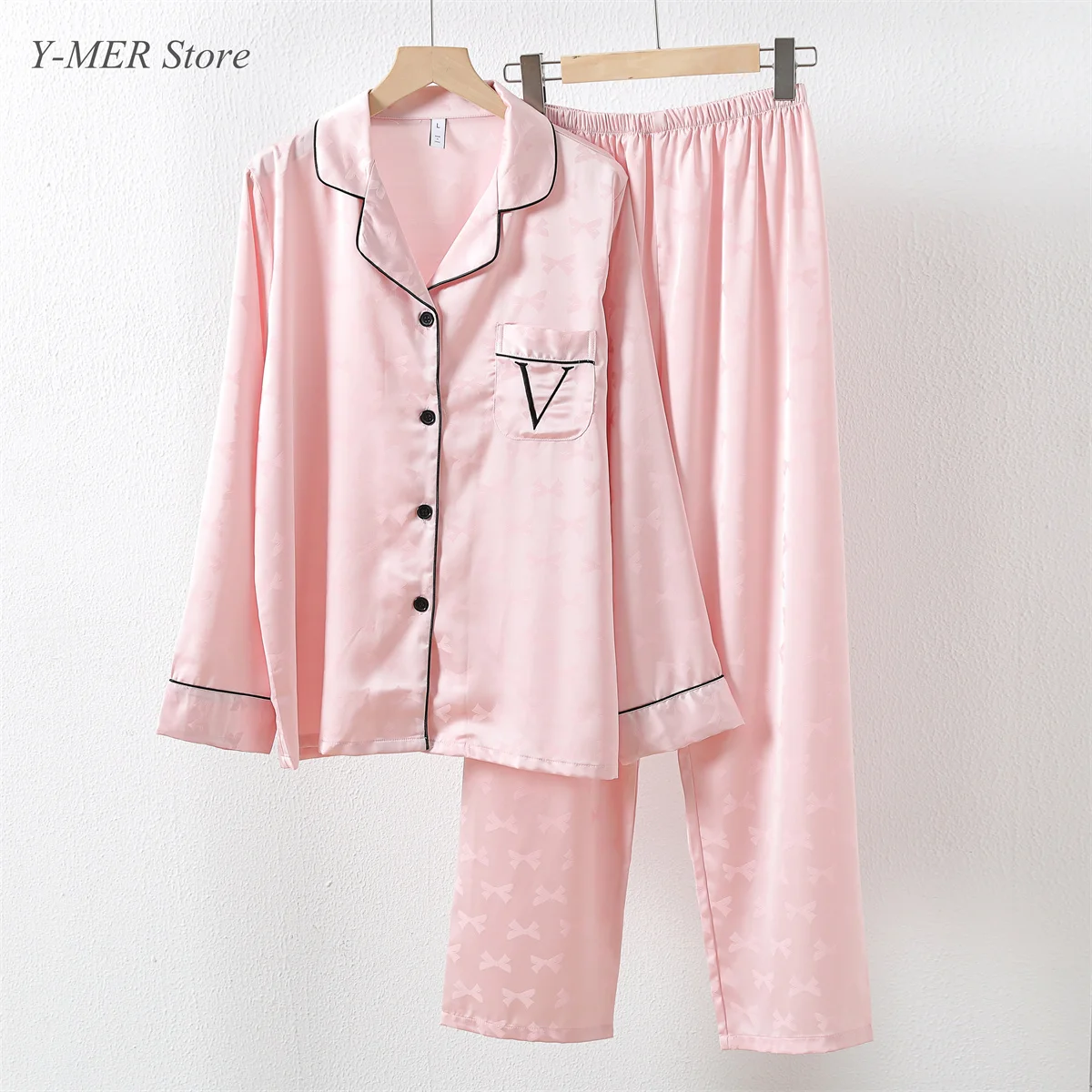 Pink Pajamas Set Bow Print 2Piece Set Women Rayon Homewear Long Sleeve Trousers Suit Lapel Loungewear Nightwear Casual Outfit