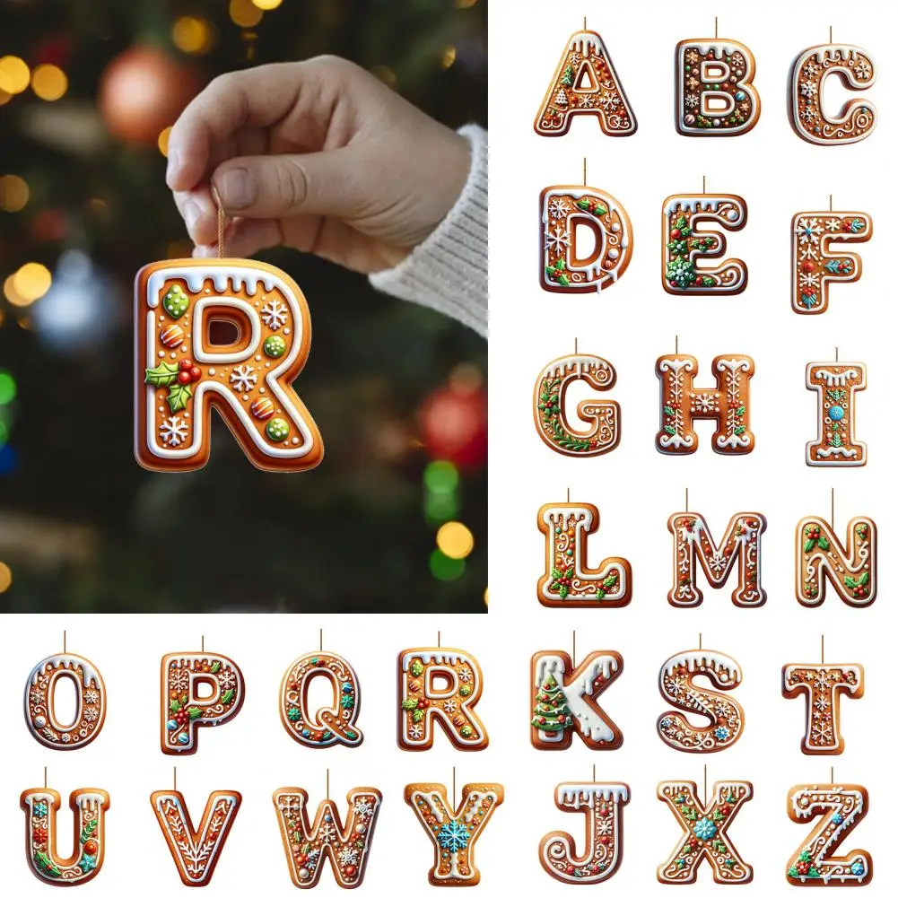 1/26Pcs Gingerbread Alphabet Ornaments 26 Initial Letter Candy Cane Pendant with Berries Pattern Mini Monogram Christmas Tree Ha