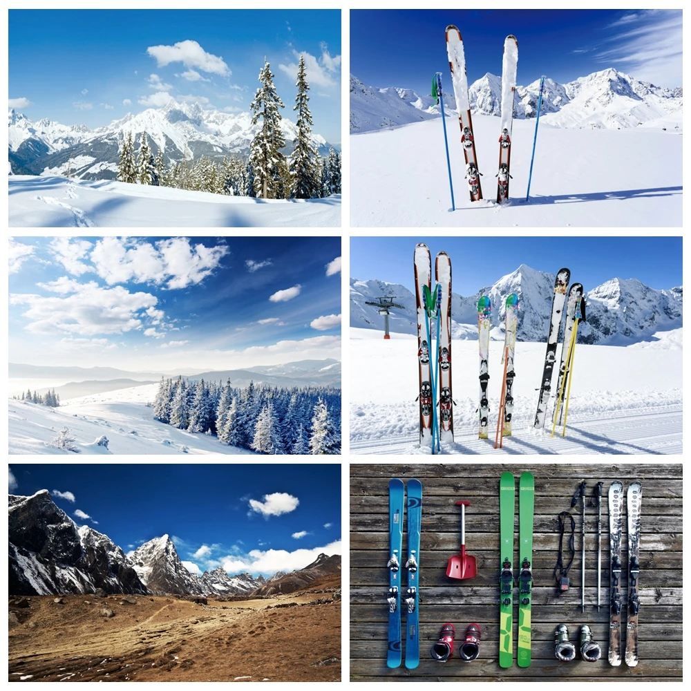 Ski Resort Scene Photography Backdrop Winter Blue Sky White Cloud Forest Natural Landscape Photographic Background Photo Props