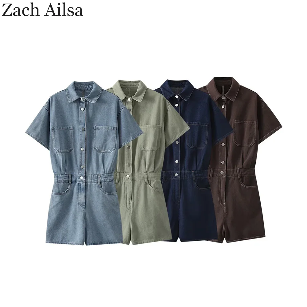 

Лето 2025 года, модная и популярная рабочая одежда с несколькими карманами, воротником и коротким джинсовым комбинезоном