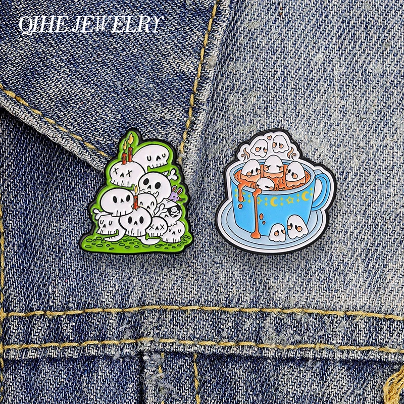 Goth Ghost Coffee & Skeleton Pile Cake Badge Spooky But Cute Halloween Enamel Pins Lapel Bag Hat Badge Jewelry Gift for Friends