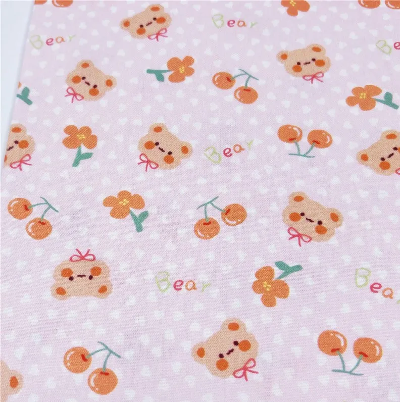 Pink polka dot cherry bear 100% Cotton Fabric for Kids Clothes mask Home Textile Sewing Quilting DIY Needlework Material