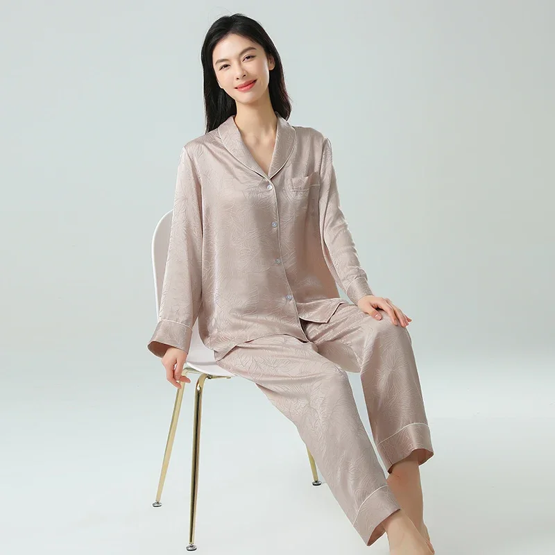 الجاكار 19 مللي متر 100% التوت الحرير طويلة الأكمام بيجامة مجموعة قطعتين ملابس نوم مريحة المرأة Homewear سترة منامة دعوى
