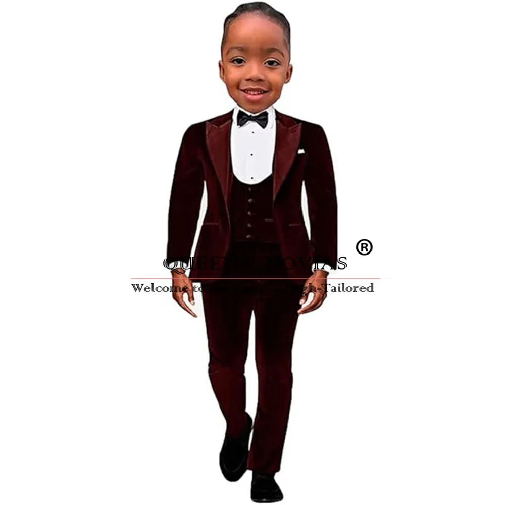 Black Velvet Boy's Suits Elegant Peaked Lapel Jacket Vest Pants 3 Pieces Children Formal Occasion Dresses Traje De Niño Boda