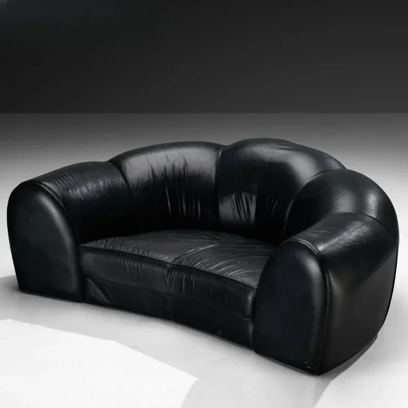 Minimalist design old black butter wax leather muscular double small apartment living room sofa