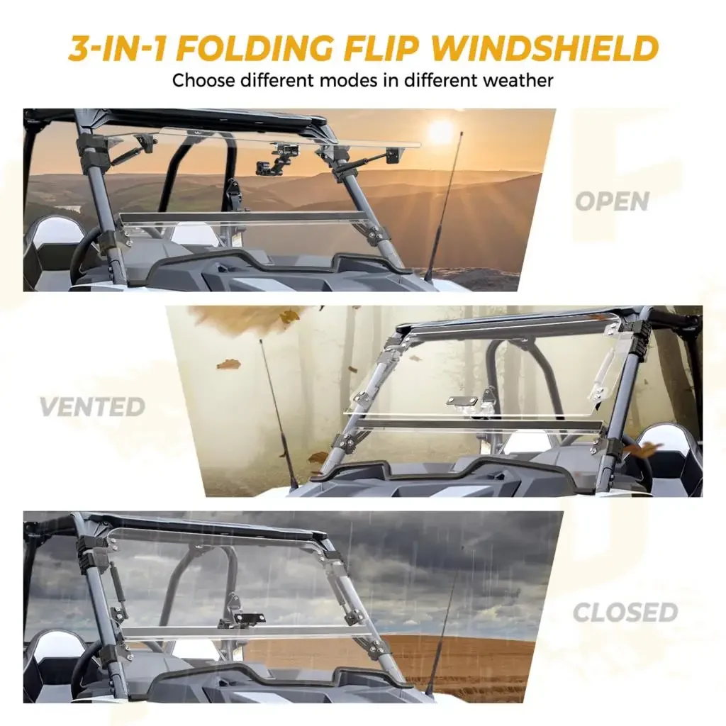 KEMIMOTO UTV 3-IN-1 PC Windscreen Flip Folding Windshield Compatible with Polaris RZR XP 1000 / XP 4 1000 XP/XP4 Turbo 2019-2023