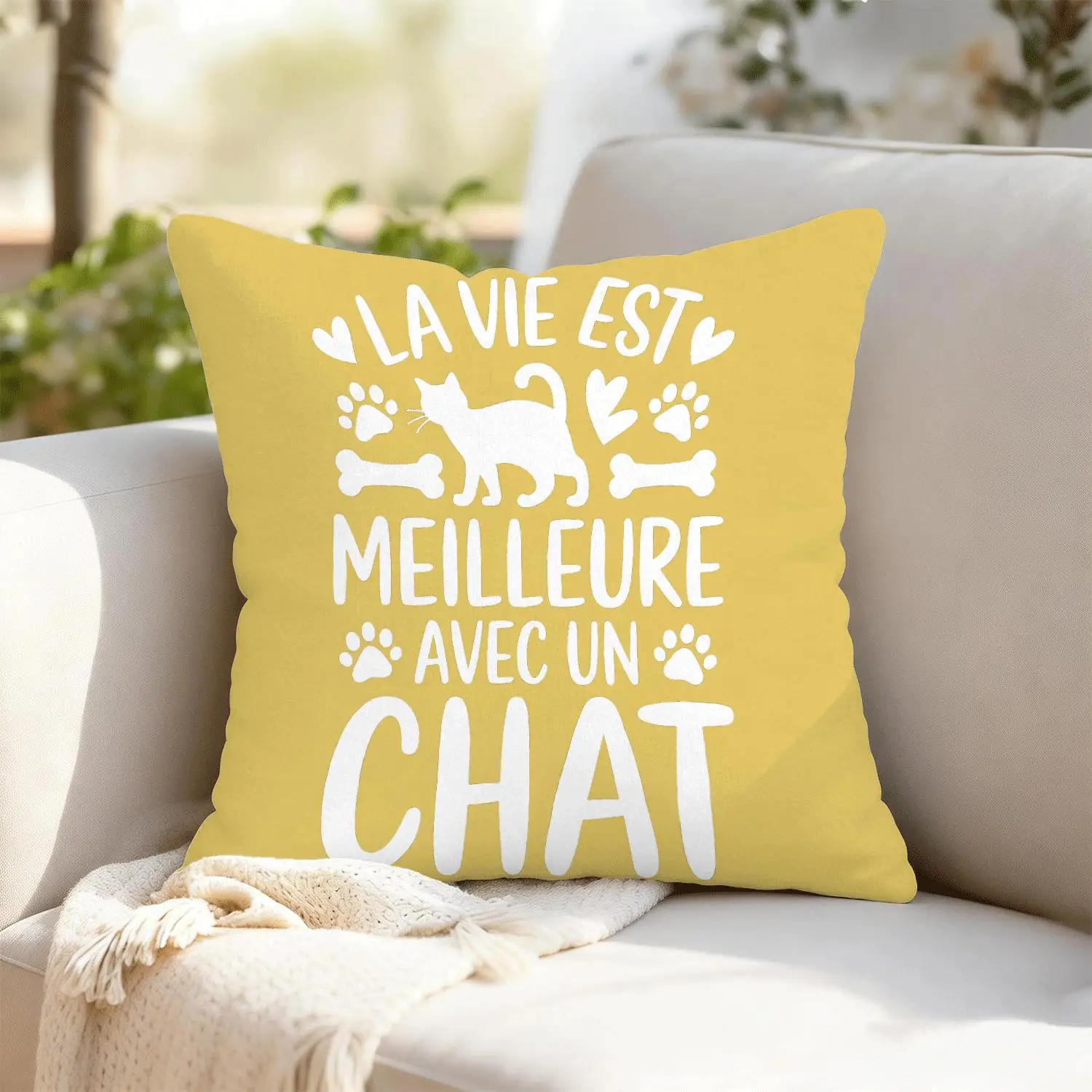 French Cat Quote Pillow Case, Cute Kitten Silhouette Cushion Cover, Pet Lover Gift Home Decor Throw Pillow Slipcover