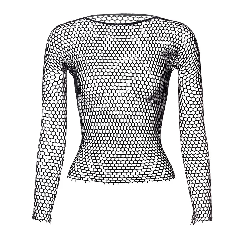 Women Fishnet Mesh See-through Black Shirts Female Harajuku Sexy Long Sleeve Tee Crochet Tops Fashion Bodystocking