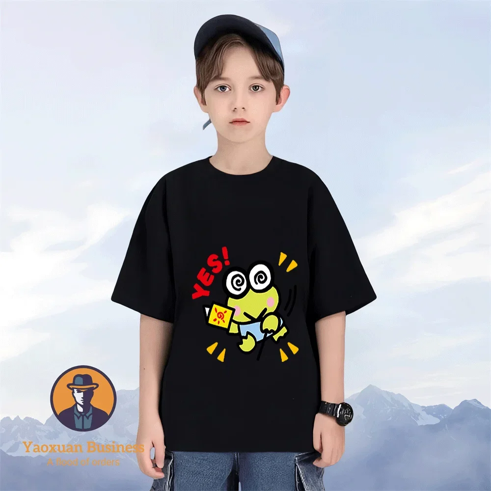 

2-14Y Skin Friendly Round Neck Pure Cotton T Shirt KeroKero Keroppi Kawaii Cartoon Daily Kidswear