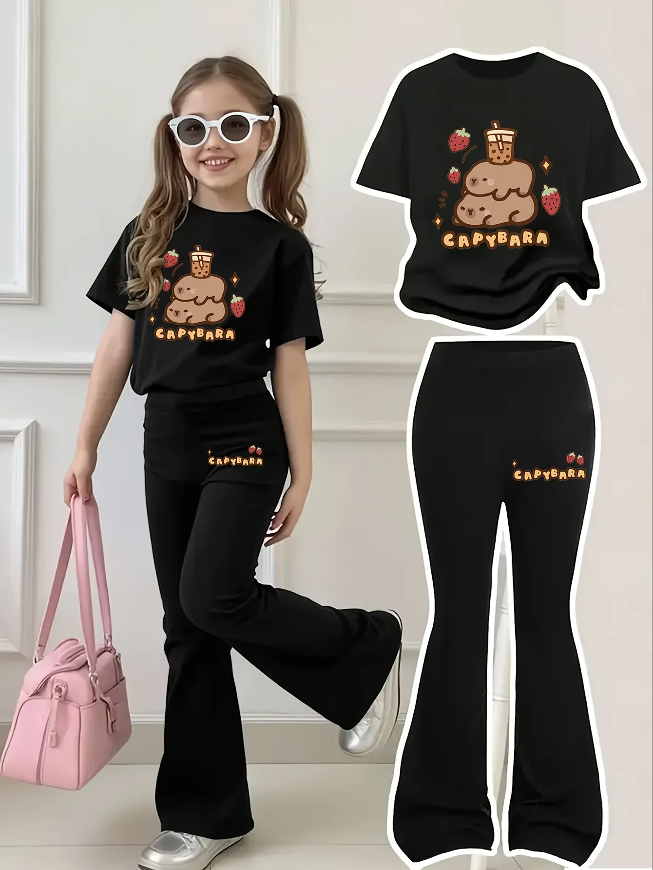 Cute Capybara Outfit for Girls Aged 4-11, Pink Crew Neck T-Shirt with Printed Capybaras (with Milk Tea and Strawberries Above, Super Cute), Black Bell-Bottom Pants with the Letters 