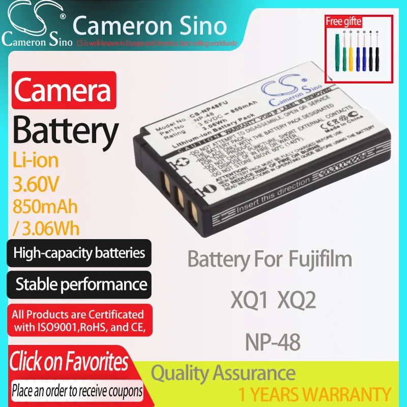 CameronSino Battery for Fujifilm XQ1 XQ2 fits Fujifilm NP-48 camera battery 850mAh/3.06Wh 3.60V  Li-ion Black