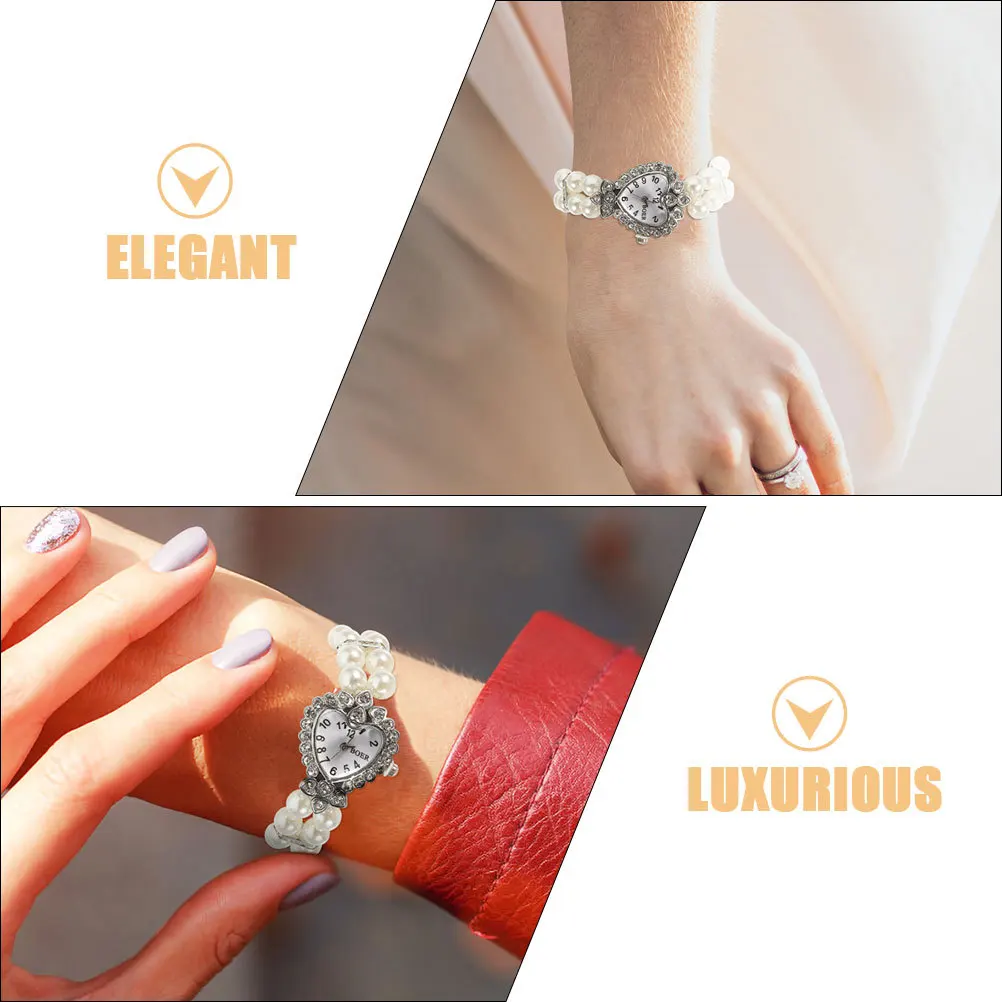 2 قطعة ساعة أنيقة على شكل قلب كريستال لؤلؤة سوار ساعة نسائية للحفلات الراقصة والمناسبات الخاصة للنساء ساعة حجر الراين