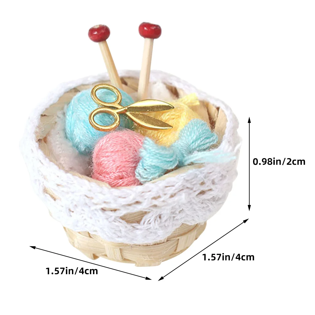 Cesta tejida para casa de muñecas, hilo de lana en miniatura, accesorios a escala 1:12, modelo de utilería, decoración realista