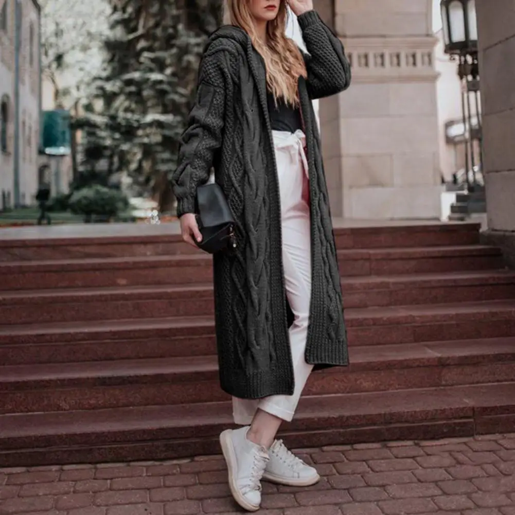 2022 autumn and winter new casual solid color hooded twist knitted long cardigan sweater coat women
