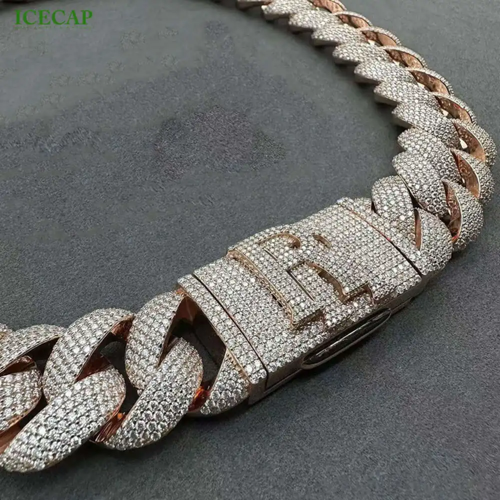 Luxury Icecap Jewelry Hip Hop Rose Gold Custom Made Name Clasp Vvs Moissanite Cuban Link Chain with Custom Name Clasp.