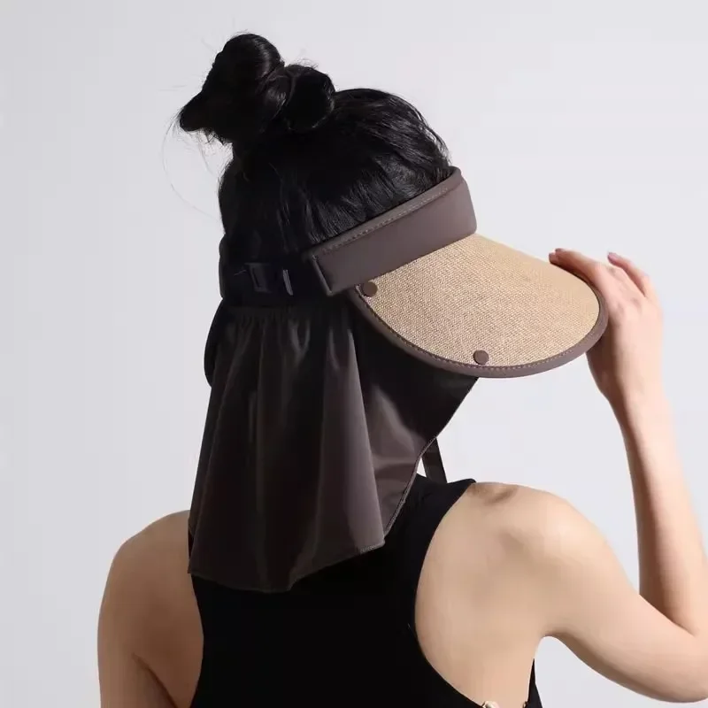 Women Summer Empty Top Hat With Shawl Travel Beach Foldable Sunscreen Cap Female Outdoor Wide Brim Sun Protection Caps
