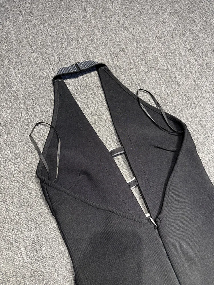 ชุดเดรสแบนเดจสีดำแบบผูกโบว์ สายคล้องคอ เปิดหลัง เซ็กซี่ สำหรับผู้หญิง ดารา ปี 2025 ชุดราตรีออกงานกลางคืน สไตล์หรูหรา