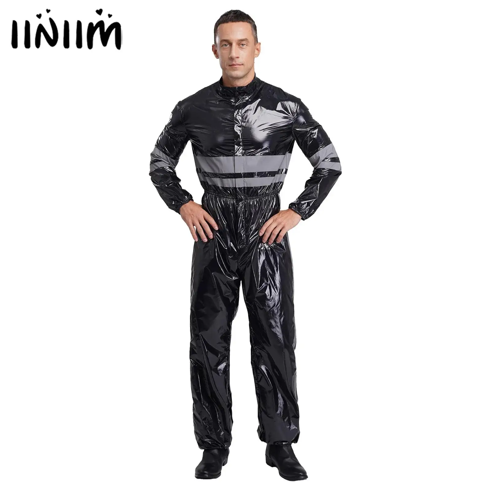 Mono resistente al agua con tiras reflectantes de alta visibilidad para hombre, traje con cuello levantado, manga larga, cintura elástica, mono con cremallera