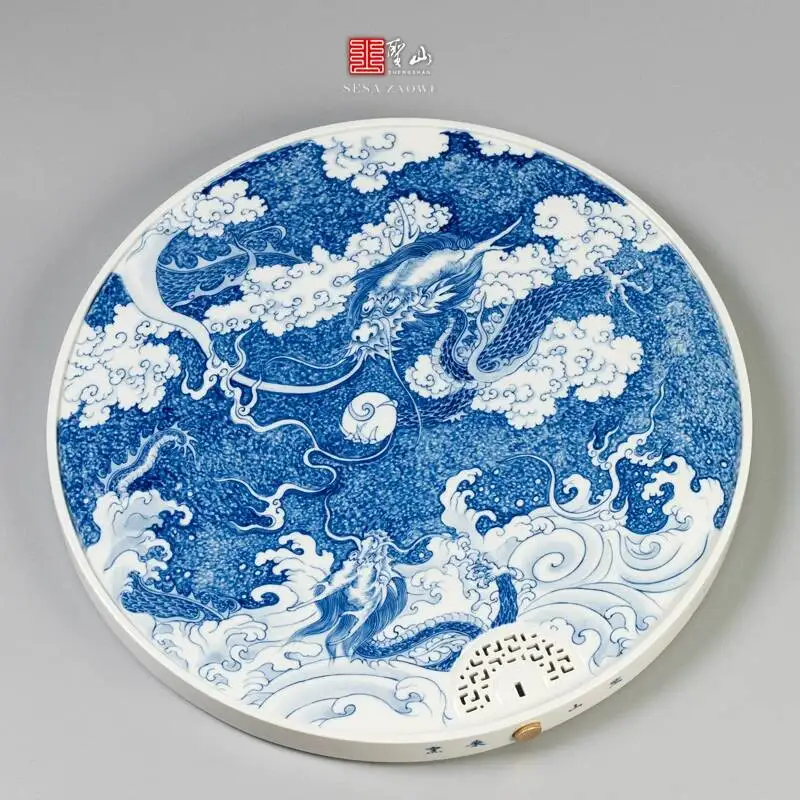 

Holy Mountain Antique Blue White Hand-Painted Song Feng Canglong Jingdezhen Handmade Ceramic Dry And Wet Tea Tray