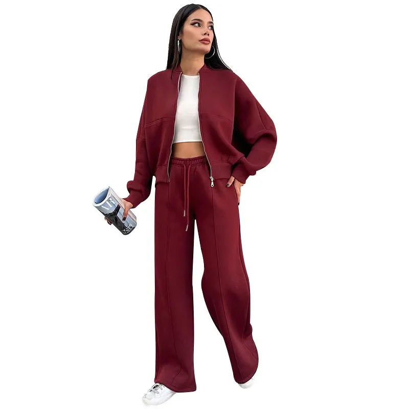 

2025 Autumn and Winter New Solid Color Plus Velvet Zipper Cardigan Women's Fashion Casual Straight Pants Suit