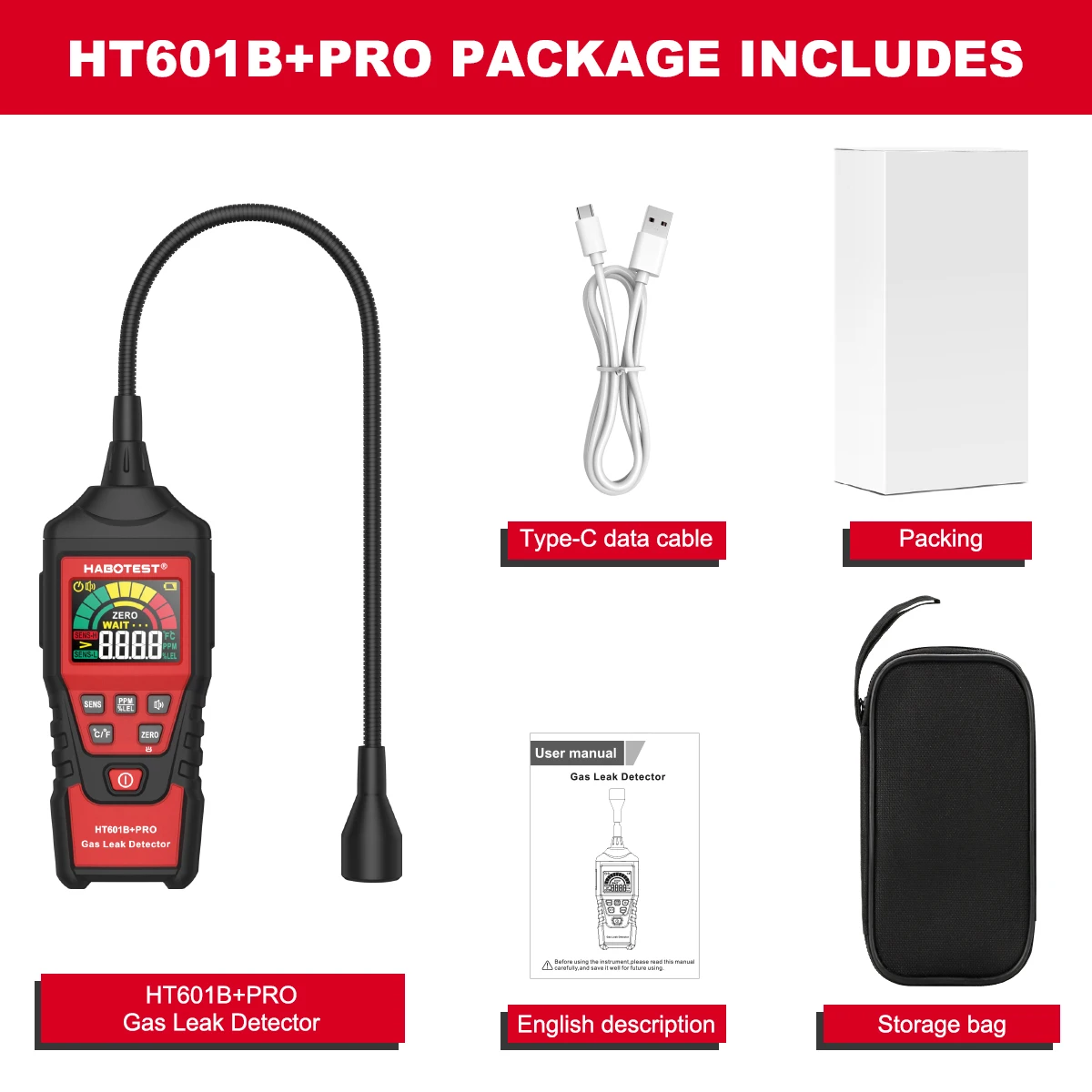 HABOTEST HT601B+PRO Gaslekdetector 0-9999PPM Flexibele sonde Snelle respons Brandbaar Natuurlijk methaangasdetector