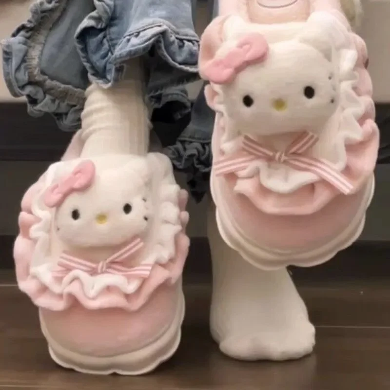 Hello Kitty Cinnamoroll Kuromi My melody slippers for women to wear outside, new autumn and winter home woolen cotton slippers