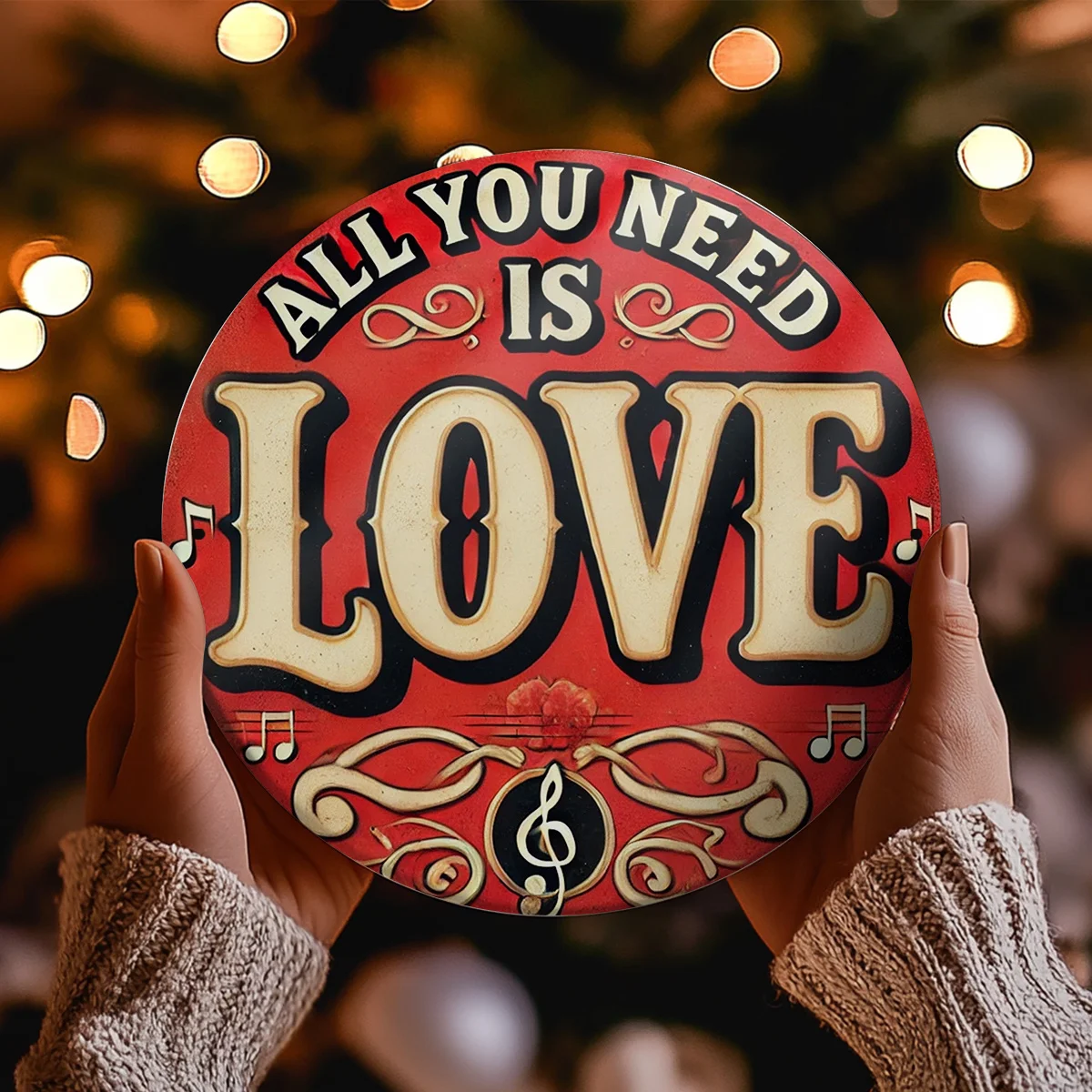 Featuring a Design That Says 'All You Need Is Love', It Has a Festive Red And White Color Scheme with Musical Notes And Swirls