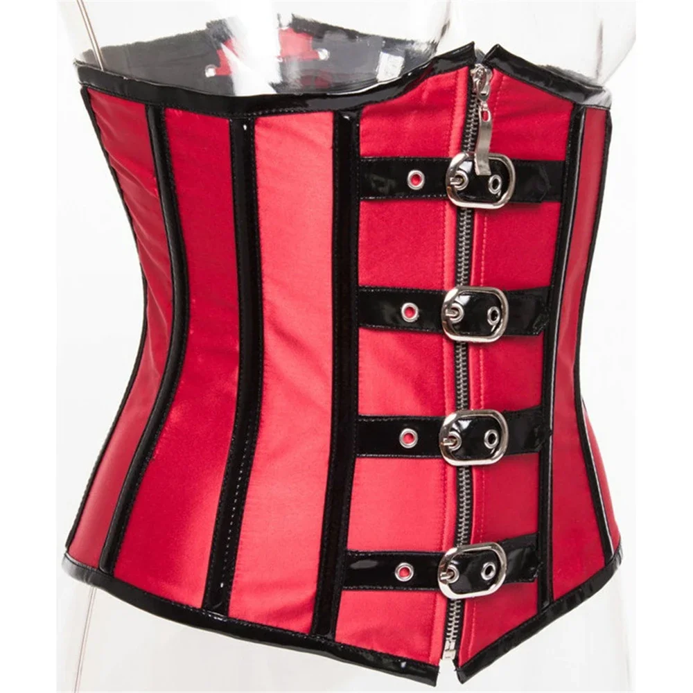 Red Vintage PU Leather Underbust Corset Top Women Shiny PVC Steampunk Bustiers Gothic Zip Waist Cincher Corselet Sexy Basques