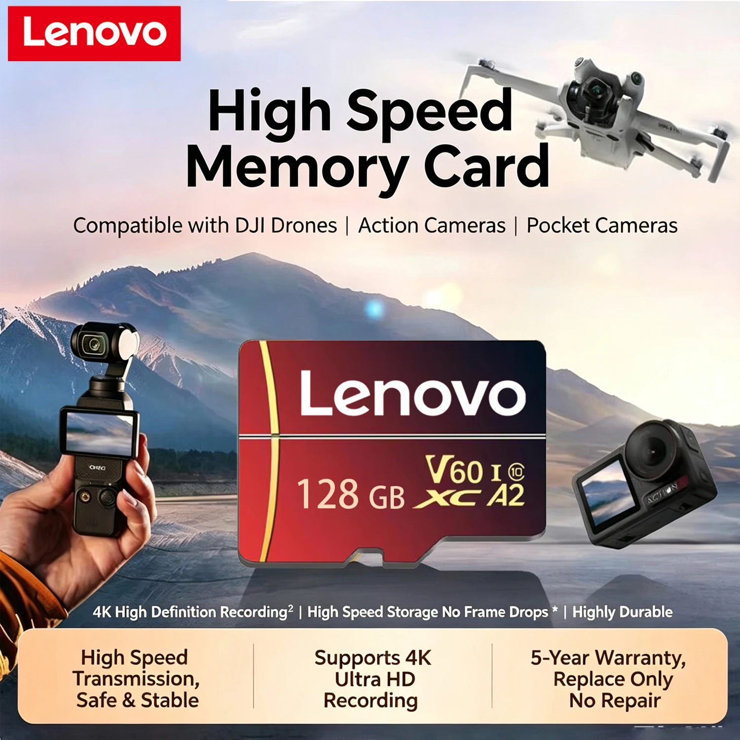 Lenovo High Speed Memory Card 256GB 512GB 128GB Micro SD Card For Phone Camera Surveillance Devices Laptop V60 U3 TF Card